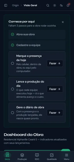 Tela inicial do app Origin no celular, com os próximos passos do dia