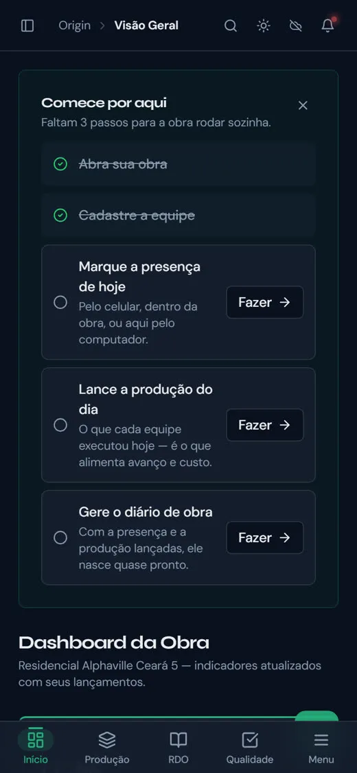 Tela inicial do app Origin
