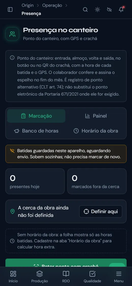 Presença no canteiro pelo celular